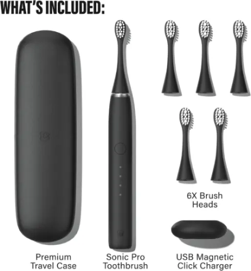 Sonic Pro Electric Toothbrush + 6 Heads (18-Month Supply) – Made by Dentists - Pressure Sensor & 4 Modes - 70-Day Battery - Gently Whitens, Sensitive Gums, Black