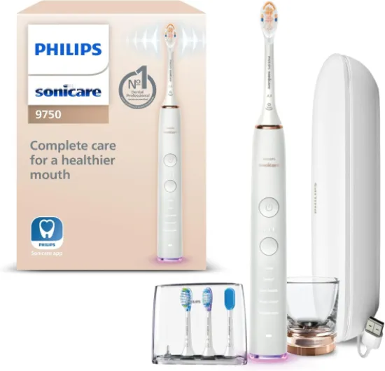 DiamondClean Smart 9750 Electric Toothbrush, Sonic Toothbrush with App, Pressure Sensor, Brush Head Detection, 5 Brushing Modes and 3 Intensity Levels, Rosegold, HX9924/67 1 Count (Pack of 1) New Rose Gold