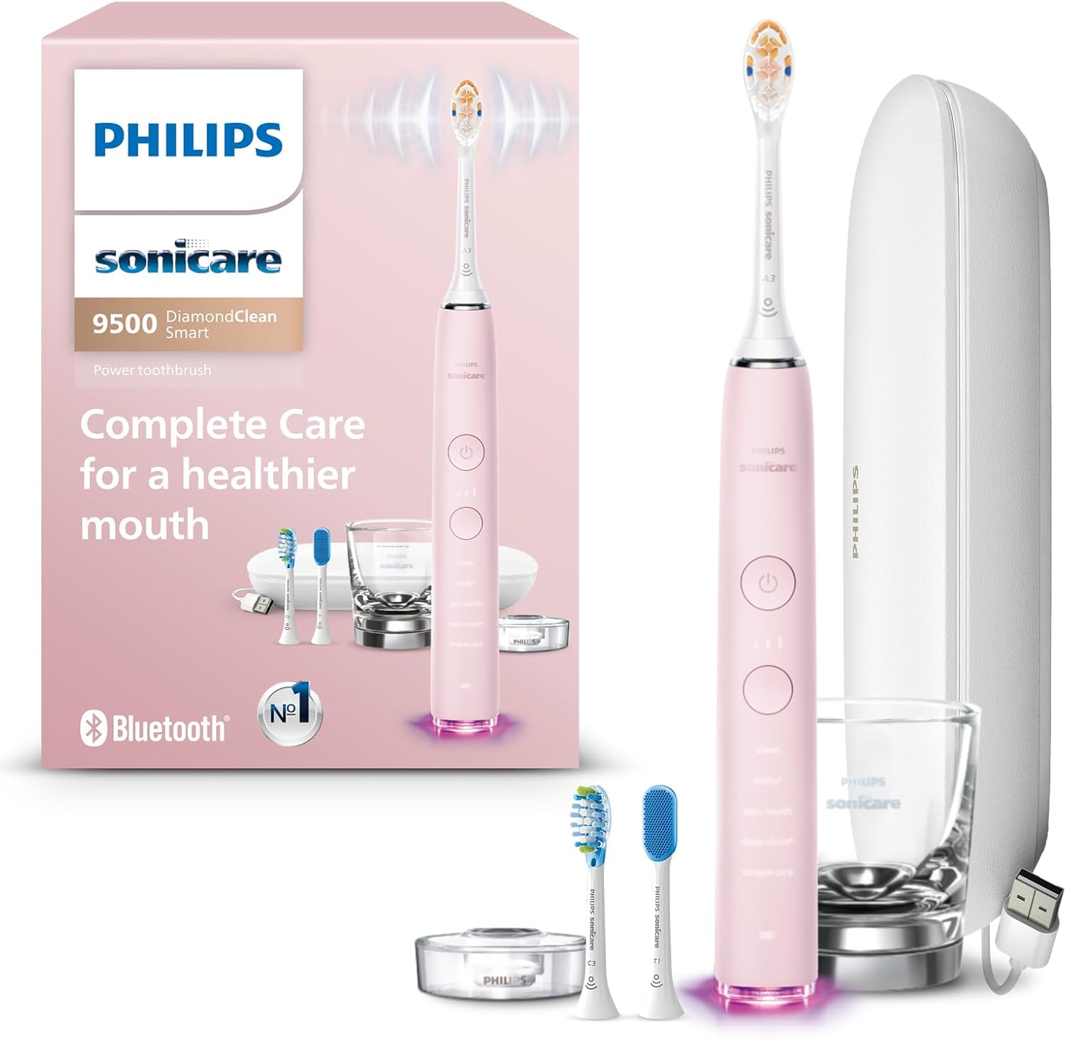 DiamondClean Smart 9500 Electric Toothbrush, Sonic Toothbrush with App, Pressure Sensor, Brush Head Detection, 5 Brushing Modes and 3 Intensity Levels, Pink, Model HX9923/21 1 Count (Pack of 1) New Pink