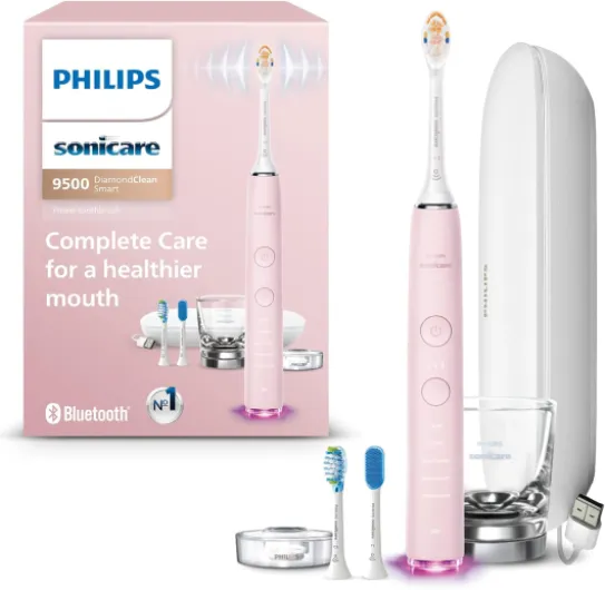 DiamondClean Smart 9500 Electric Toothbrush, Sonic Toothbrush with App, Pressure Sensor, Brush Head Detection, 5 Brushing Modes and 3 Intensity Levels, Pink, Model HX9923/21 1 Count (Pack of 1) New Pink