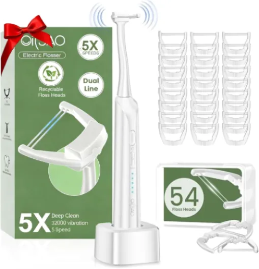 Electric Flosser for Teeth and Adults with 5 Speeds & 54 Refill Heads,Sonic Oscillation Gliding Dental Floss Picks Sensitive Gum Care,Water Flosser Alternative,5X Better Cleaning for Plaque,No Break White