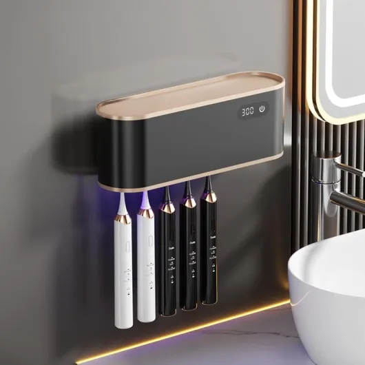 UV Toothbrush Sanitizer Holder for 4 - Wall Mounted Toothbrush Holder for Bathroom with Fan Drying - USB Rechargeable Toothbrush Cleaner & Sterilizer, No Drill Install, Modern Design (Black)