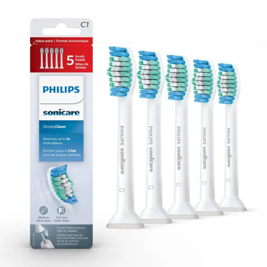 Genuine SimplyClean Replacement Toothbrush Heads, 5 Brush Heads, White, HX6015/03 White 5 Count (Pack of 1)