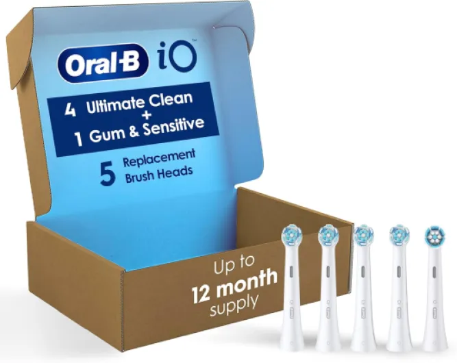 Oral-B iO Ultimate Clean Replacement Brush Heads, 5 Count, 4 Ultimate Clean + 1 Gum & Sensitive White 1 Count (Pack of 5) White