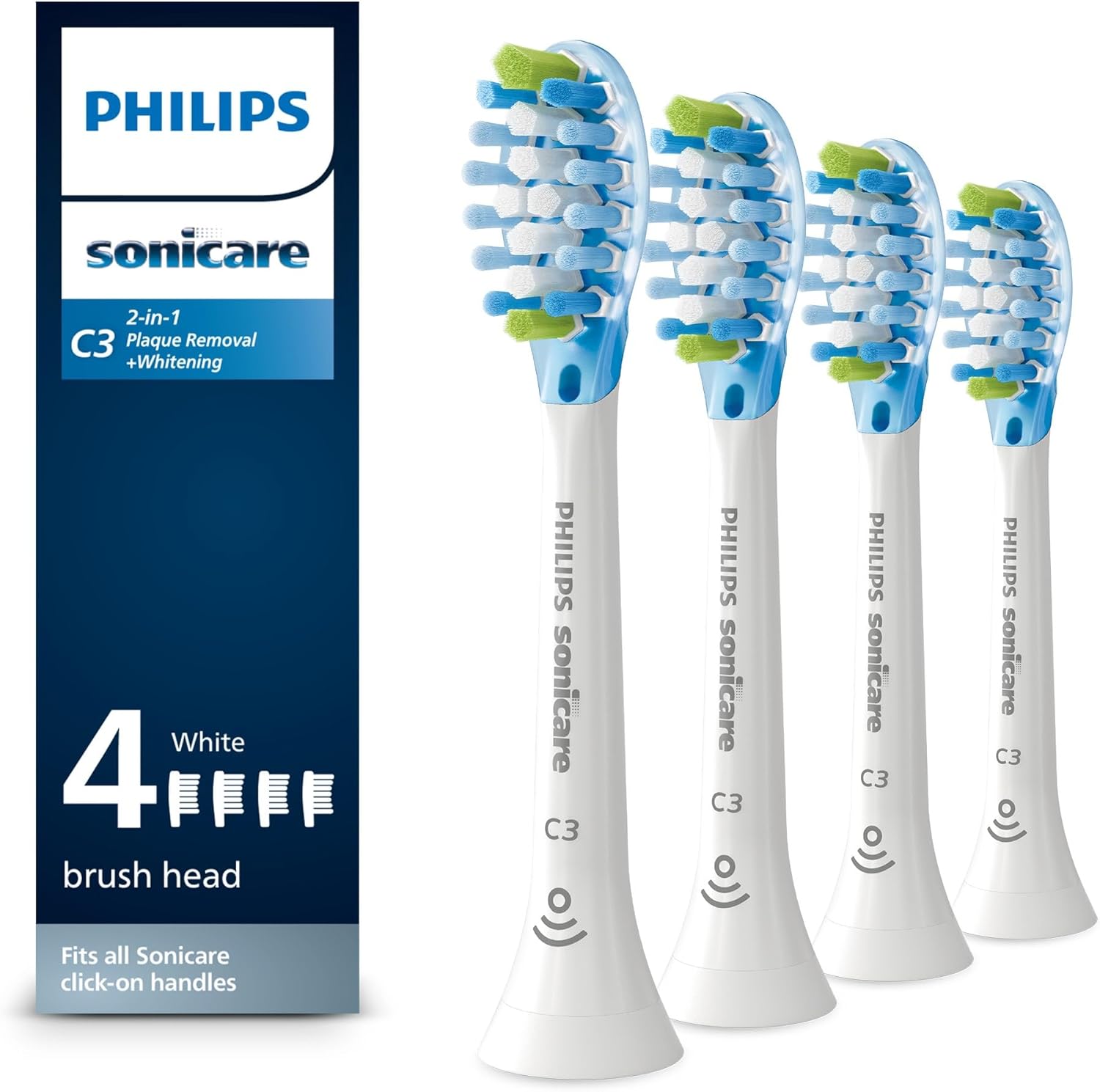 C3 Two-in-One - Genuine Replacement Electric Toothbrush Heads, White, 4 Pack One Year Supply, HX9044/65 4 Count (Pack of 1) White