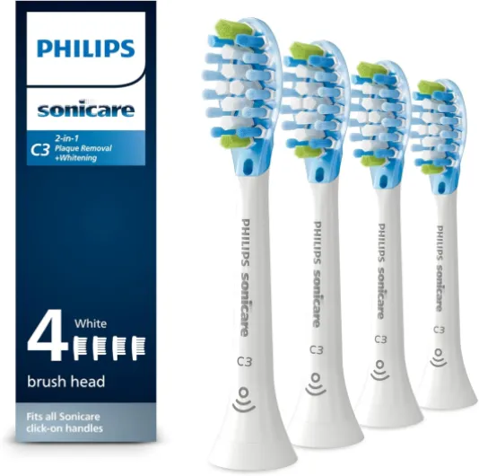 C3 Two-in-One - Genuine Replacement Electric Toothbrush Heads, White, 4 Pack One Year Supply, HX9044/65 4 Count (Pack of 1) White