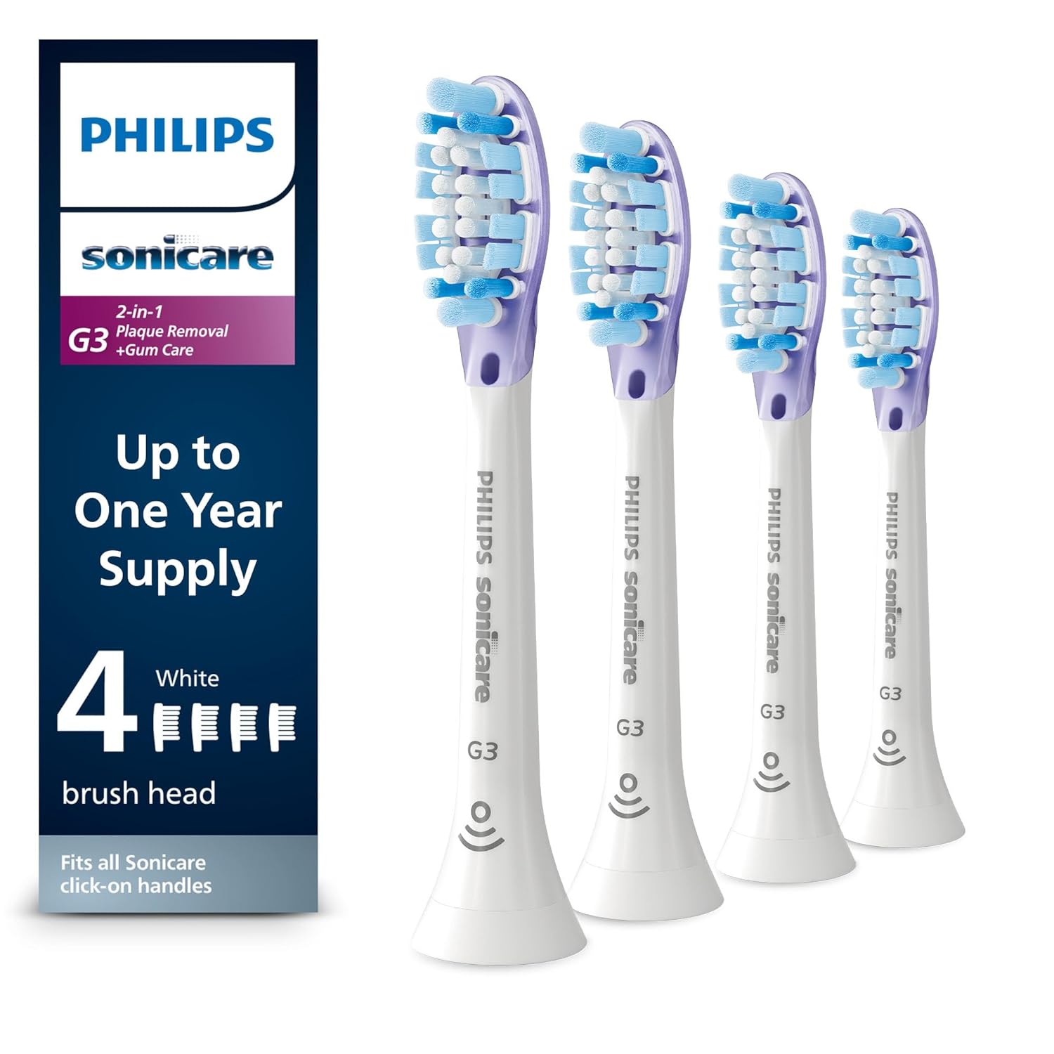 G3 Two-in-One - Genuine Replacement Electric Toothbrush Heads, White, 4 Pack One Year Supply, HX9054/65 White 4 Count (Pack of 1)