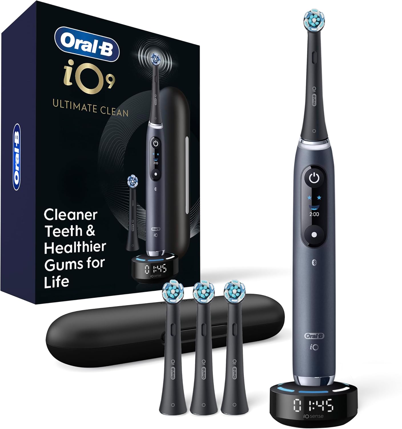 Oral-B iO Series 9 Limited Rechargeable Black Electric Toothbrush with (2) Ultimate Clean and (1) Gentle Care Replacement Brush Heads, Black, Travel Case and Charger
