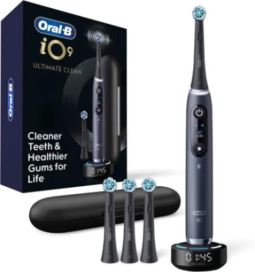Oral-B iO Series 9 Limited Rechargeable Black Electric Toothbrush with (2) Ultimate Clean and (1) Gentle Care Replacement Brush Heads, Black, Travel Case and Charger