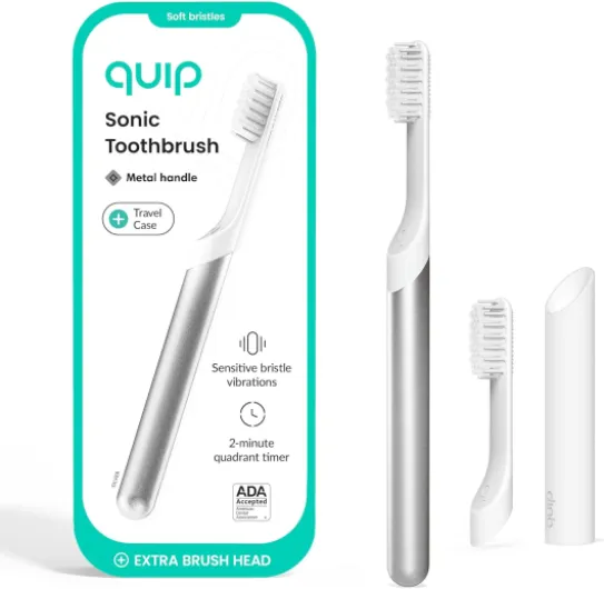 Sonic Toothbrush for Adults with Timer - Includes Extra Brush Head and Travel Cover Mount - Electric, Soft Bristle Refill Head, Metal Handle, 3 Month Battery Life - Travel Toothbrush - Silver 1 Count (Pack of 1) Silver