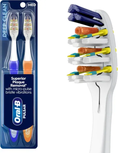 Oral-B Pulsar Pro-Health Expert Clean, Battery electric toothbrush, 2 count MEDIUM toothbrush pack, removes plaque, travel essentials tooth brush Colors May Vary 2 Count (Pack of 1)