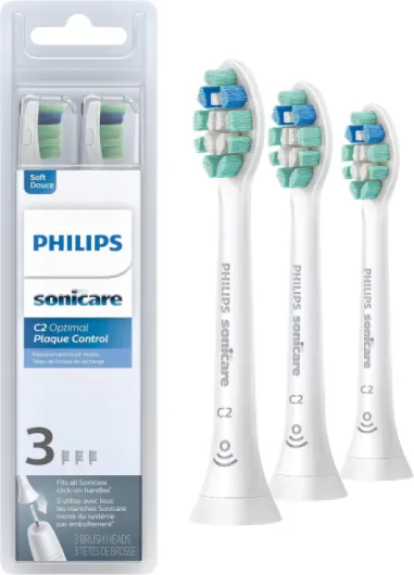 C2 Plaque Control - Genuine Replacement Electric Toothbrush Heads, White, 3 Pack, HX9023/65 3 Count (Pack of 1) White