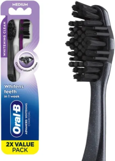 Oral-B 3D White Charcoal toothbrush, 2 count MEDIUM manual tootbrush pack, Whitens teeth, removes plaque and stains, tongue scraper tooth brush 2 Count (Pack of 1)