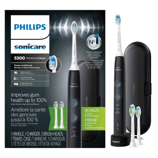 ProtectiveClean 5300 Rechargeable Electric Toothbrush, with Pressure Sensor, 3 Cleaning Modes, SmarTimer and QuadPacer, with 2 Bonus Brush Heads, Travel Case, Black, Model HX6423/34