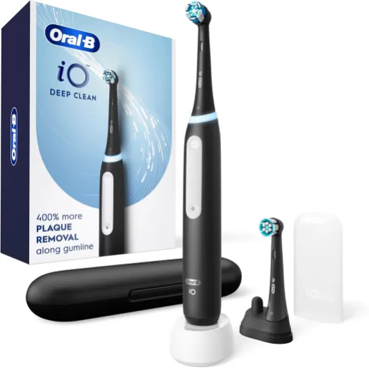 Oral-B iO Deep Clean Rechargeable Electric Powered Toothbrush, Black with iO Series 3 Limited, 2 Brush Heads and Travel Case - Pressure Sensor to Protect Gums - 3 Cleaning Settings - 2 Minute Timer 1 Count (Pack of 1) Black