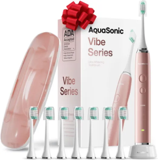 Vibe Series Ultra-Whitening Toothbrush – ADA Accepted Electric Toothbrush - 8 Brush Heads & Travel Case – 40,000 VPM Motor & Wireless Charging - 4 Modes w Smart Timer – Satin Rose Gold