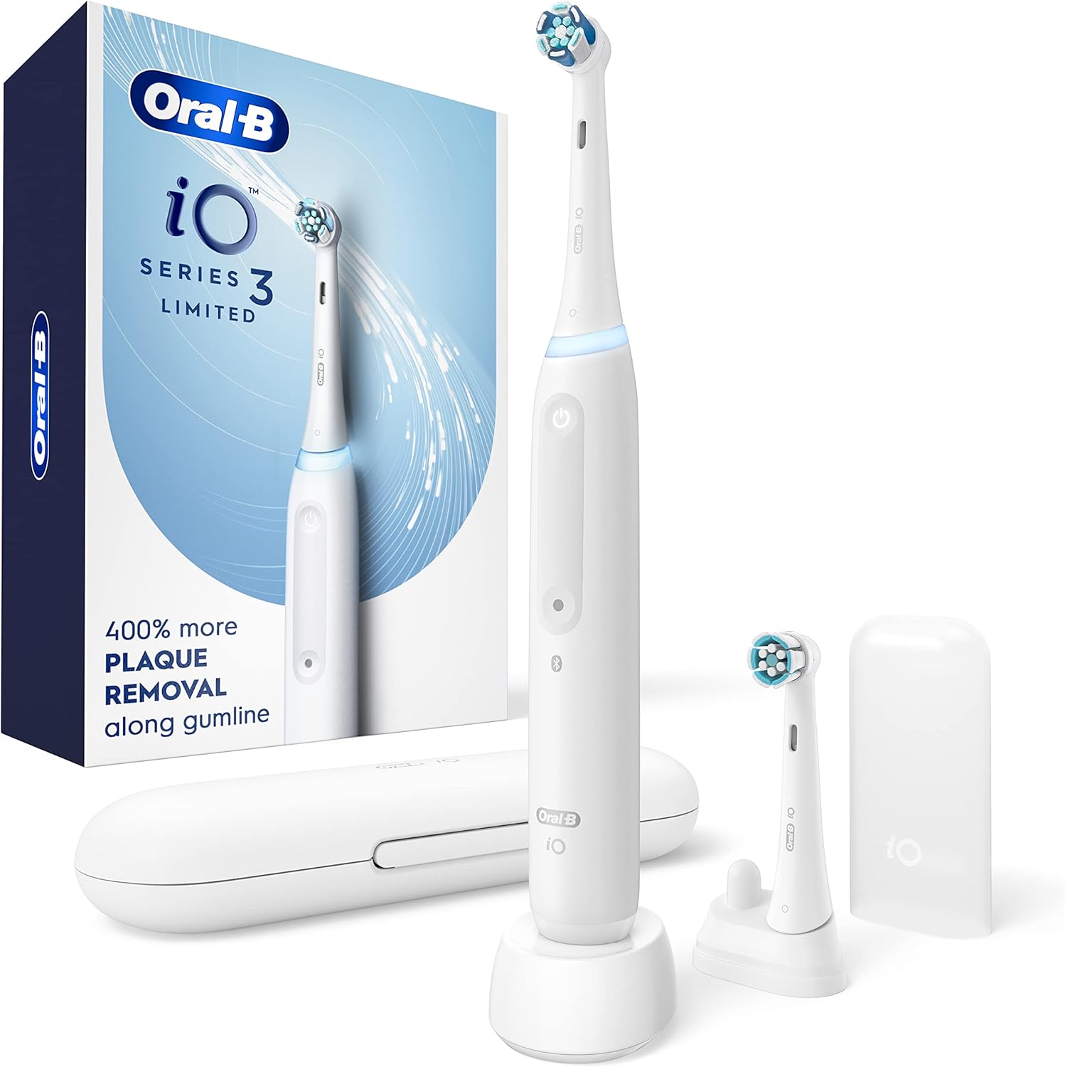 Oral-B iO Deep Clean Rechargeable Electric Powered Toothbrush, White with iO Series 3 Limited, 2 Brush Heads and Travel Case - Pressure Sensor to Protect Gums - 3 Cleaning Settings - 2 Minute Timer 1 Count (Pack of 1) White