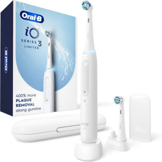Oral-B iO Deep Clean Rechargeable Electric Powered Toothbrush, White with iO Series 3 Limited, 2 Brush Heads and Travel Case - Pressure Sensor to Protect Gums - 3 Cleaning Settings - 2 Minute Timer 1 Count (Pack of 1) White