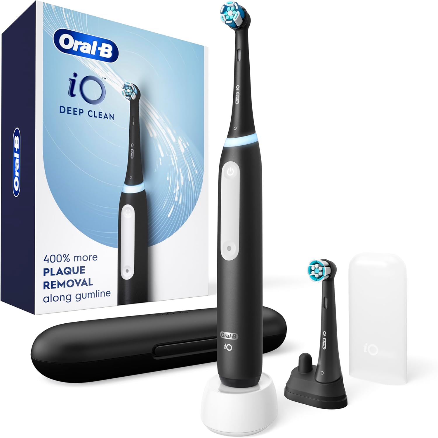 Oral-B iO Deep Clean Rechargeable Electric Powered Toothbrush, Black with iO Series 3 Limited, 2 Brush Heads and Travel Case - Pressure Sensor to Protect Gums - 3 Cleaning Settings - 2 Minute Timer 1 Count (Pack of 1) Black