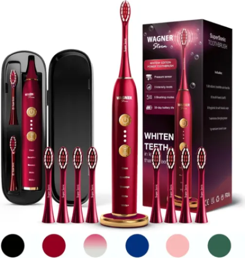 WHITEN+ Edition - Whitening Electric Toothbrush with Pressure Sensor - Offers 5 Brushing Modes, 3 intensities, 8 Soft Brush Heads, and a Luxury Travel case - Ruby Red