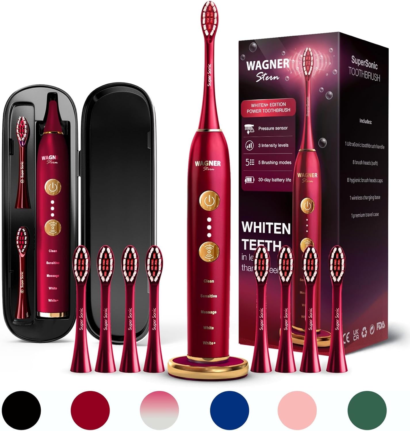 WT8900 Series Electric Toothbrush – Whitening & Pressure Sensor, 5 Modes, 3 Intensities, 8 Soft Brush Heads, Rechargeable, Travel Case Included Ruby Red