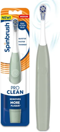 New PRO Clean Battery Powered Electric Toothbrush for Adults, Medium Bristles, Sage Green, 1 Count Sage Green 1 Count (Pack of 1) NEW VERSION, Medium Bristles