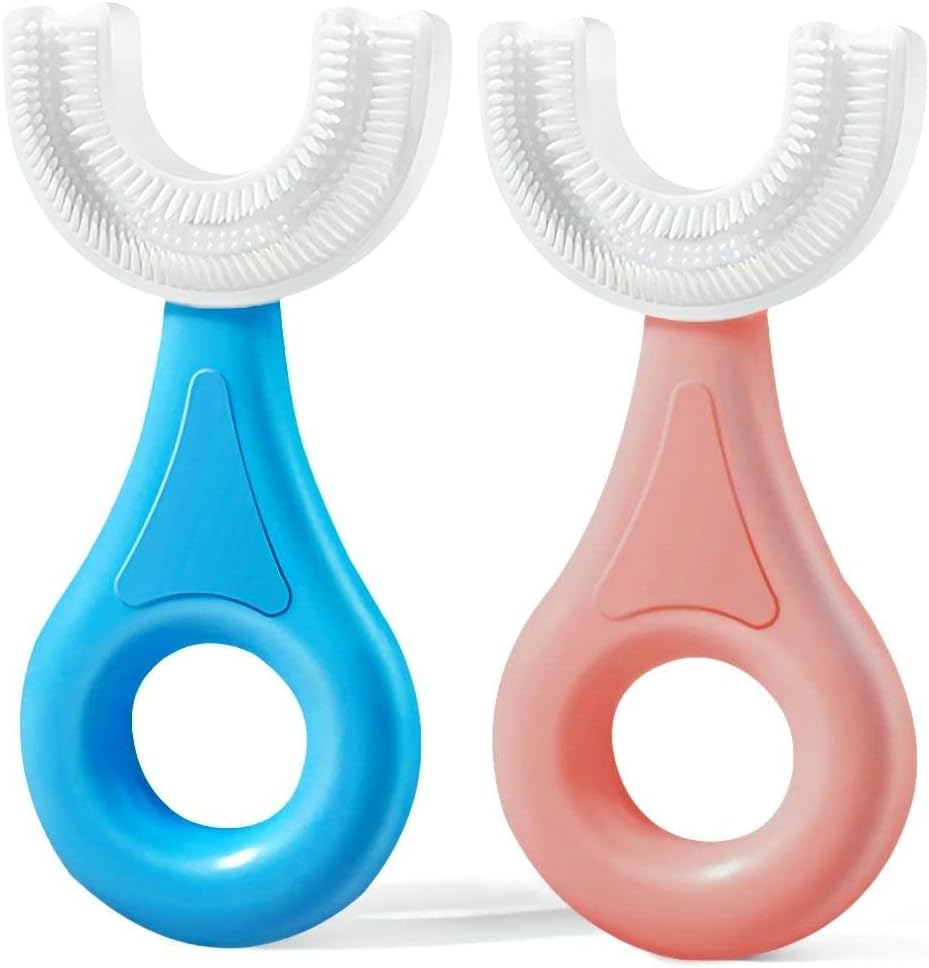 U-Shaped Toothbrush Kids 2 PCS - Toddler Toothbrush with Food Grade Soft Silicone Brush Head, Manual Whole Mouth Tooth Brush for Kids Age 2-6(Blue+Pink) Age2-6(blue+pink)