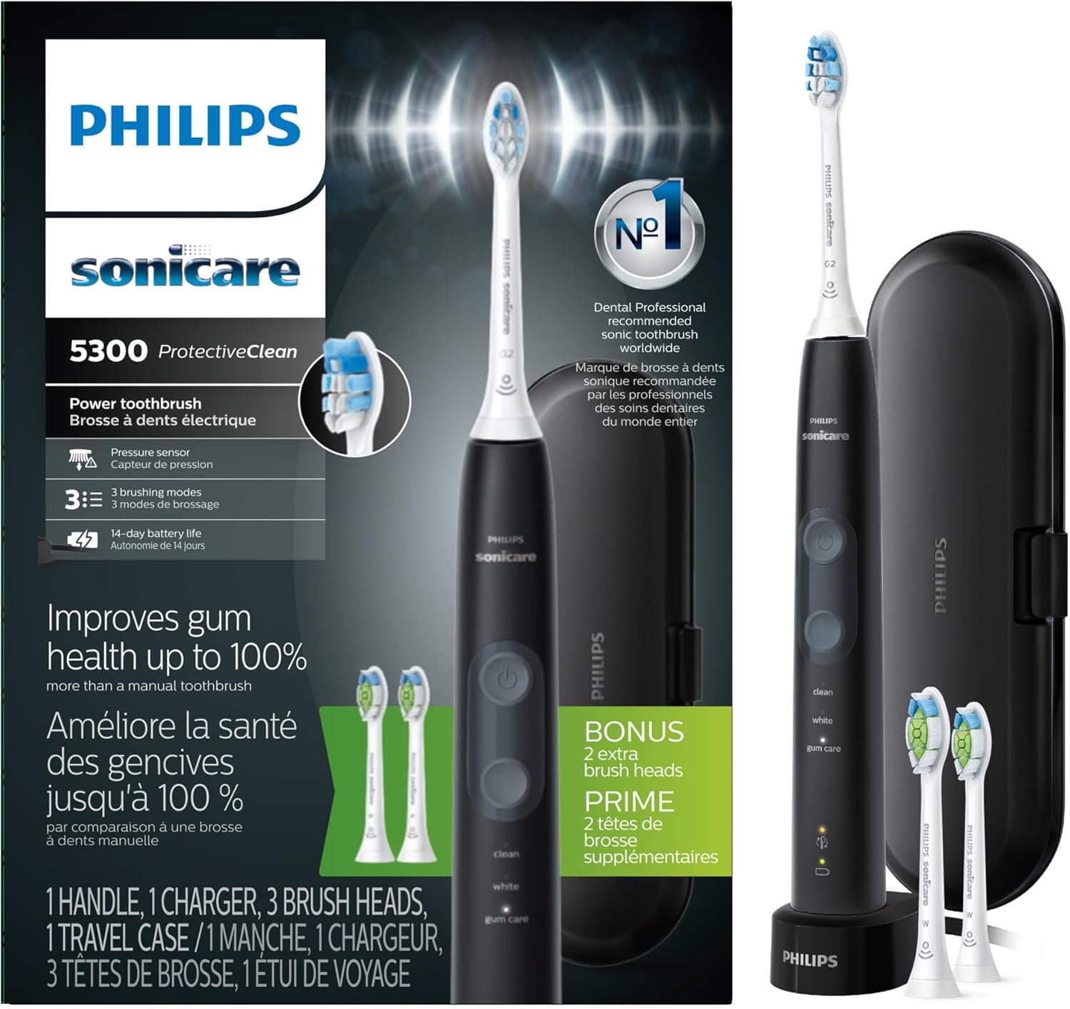 ProtectiveClean 5300 Rechargeable Electric Toothbrush, with Pressure Sensor, 3 Cleaning Modes, SmarTimer and QuadPacer, with 2 Bonus Brush Heads, Travel Case, Black, Model HX6423/34 Black, White