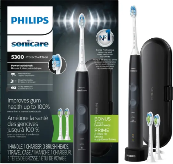 ProtectiveClean 5300 Rechargeable Electric Toothbrush, with Pressure Sensor, 3 Cleaning Modes, SmarTimer and QuadPacer, with 2 Bonus Brush Heads, Travel Case, Black, Model HX6423/34 Black, White