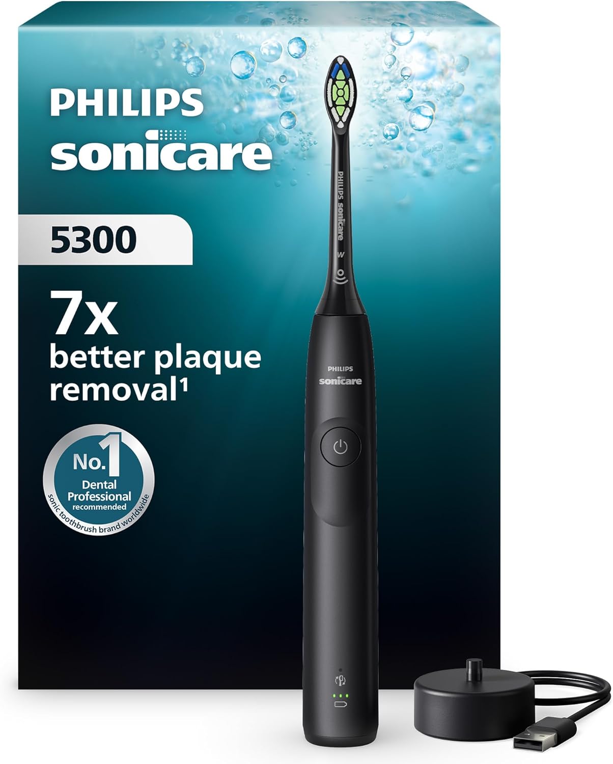 Philips Sonicare 5300 - Brosse à dents électrique sonique avec 2 niveaux d'intensité, Alerte de pression, EasyStart, SmarTimer et BrushPacer, Noir, modèle HX7101/01 [Nouvelle technologie] [Nouveau], Sonicare 5300, Noir