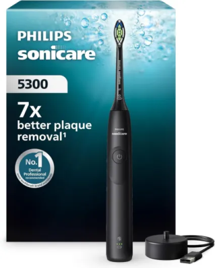 Philips Sonicare 5300 - Brosse à dents électrique sonique avec 2 niveaux d'intensité, Alerte de pression, EasyStart, SmarTimer et BrushPacer, Noir, modèle HX7101/01 [Nouvelle technologie] [Nouveau], Sonicare 5300, Noir
