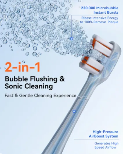 AirJet™ [Max Jet Clean] [Vibrating & Flossing 2-in-1] Bubble Sonic Electric Toothbrush, Plaque Removal, White for Adult Gum Care Teeth Clean Valentine’s Day Gift with 2 Soft Brush Heads Grey Mist Grey