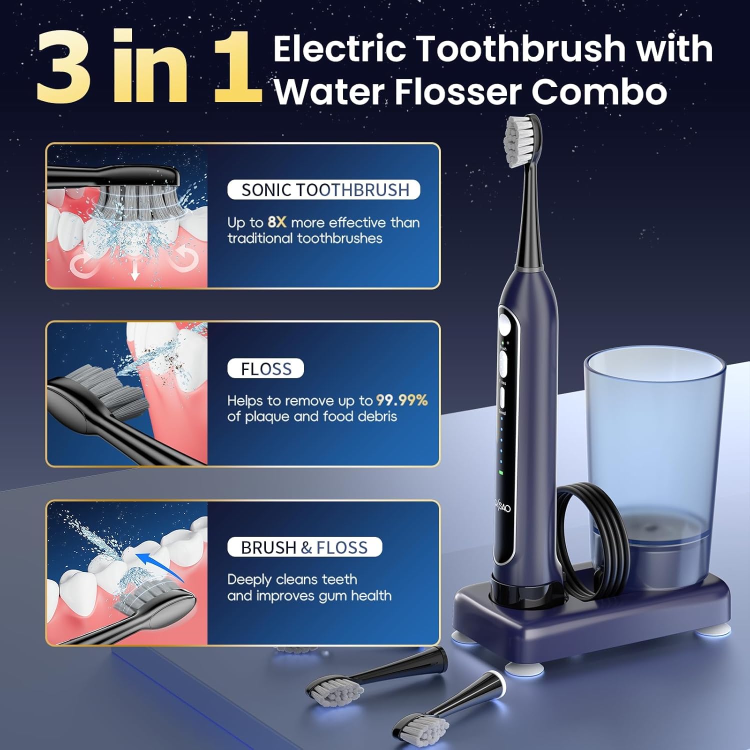 Electric Toothbrush with Water Flosser Combo: 3-in-1 Sonic Flossing Toothbrush for Teeth Cleaning & Braces, 5 Pressure Levels & 3 Modes, IPX7 Waterproof Portable Design for Travel - Dark Blue