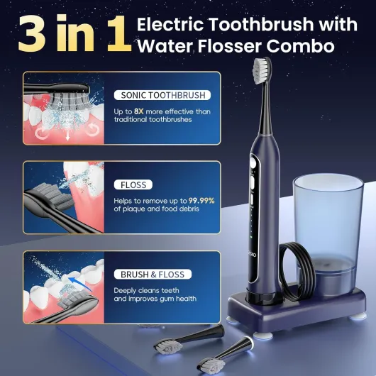 Electric Toothbrush with Water Flosser Combo: 3-in-1 Sonic Flossing Toothbrush for Teeth Cleaning & Braces, 5 Pressure Levels & 3 Modes, IPX7 Waterproof Portable Design for Travel - Dark Blue