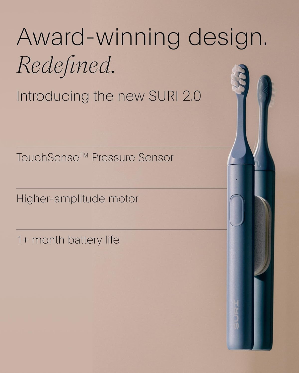 2.0 New Sonic Electric Toothbrush with Pressure Sensor - 1 Month+ Battery- Electric Toothbrush Adults - Sonic Toothbrushes - Blue Morning Waves SURI 2.0