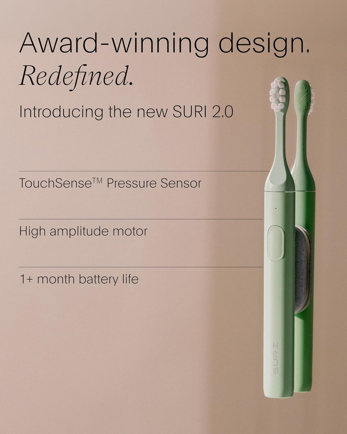 2.0 New Sonic Electric Toothbrush with Pressure Sensor - 1 Month+ Battery- Electric Toothbrush Adults - Sonic Toothbrushes - Green Winter Fern SURI 2.0