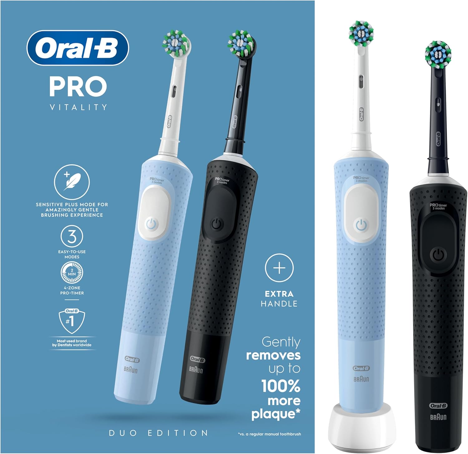 Oral-B Vitality Pro 2x Electric Toothbrushes For Adults, 2 Toothbrush Heads, 3 Brushing Modes Including Sensitive Plus, 2 Pin UK Plug, Black & Blue Black/Blue Duo