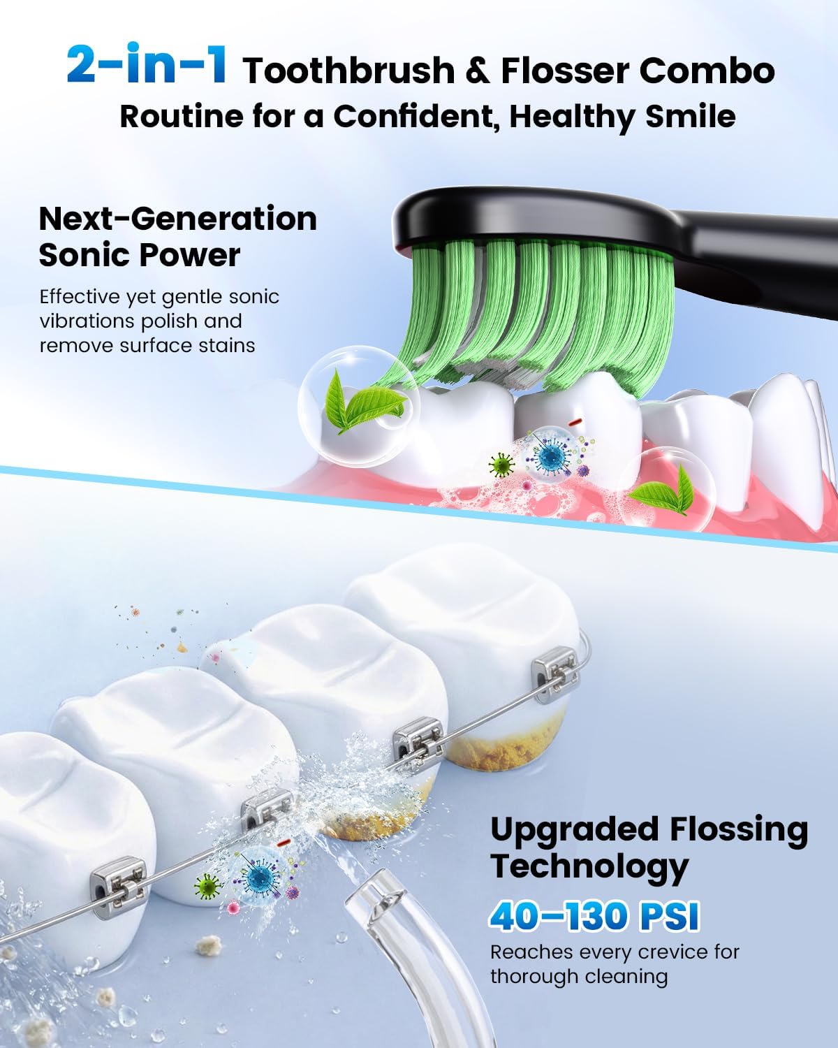 Electric Toothbrush with Water Flosser Combo, 2-in-1 Portable Oral Clean Kit for Teeth Brushing & Flossing,Multiple Modes for Teeth Cleaning and Gum Health Home & Travel Use, Black
