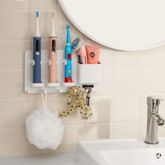 Adhesive Electric Toothbrush Holder Wall Mounted (White) - no drilling required - adhesive installation - 2pcs self-adhesive tape included - abs plastic - with 6hooks - razor hanger